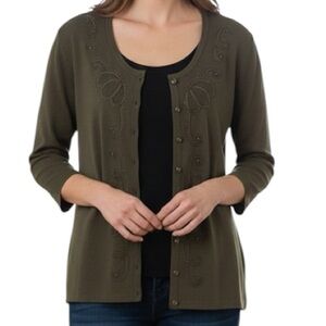 NEW La Madonna Sz XL Olive Green Beaded Ribbon V-Neck Cardigan Sweater